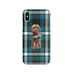 Brown Cockapoo Tartan phone case. 11 Tartan styles for your Iphone 15 Pro Max, Iphone 14, 13, 12 to 6 & Samsung Galaxy S23 Ultra, S22, S21 to S6 24 adventure dogs tartan case brown cockapoo modern front view