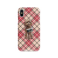 Brown Cockapoo Tartan phone case. 11 Tartan styles for your Iphone 15 Pro Max, Iphone 14, 13, 12 to 6 & Samsung Galaxy S23 Ultra, S22, S21 to S6 25 adventure dogs tartan case brown cockapoo pink front view
