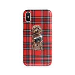 Brown Cockapoo Tartan phone case. 11 Tartan styles for your Iphone 15 Pro Max, Iphone 14, 13, 12 to 6 & Samsung Galaxy S23 Ultra, S22, S21 to S6