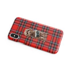 Brown Cockapoo Tartan phone case. 11 Tartan styles for your Iphone 15 Pro Max, Iphone 14, 13, 12 to 6 & Samsung Galaxy S23 Ultra, S22, S21 to S6 15 adventure dogs tartan case brown cockapoo royal stewart side