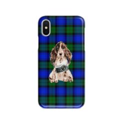 Brown Cocker Spaniel Tartan phone case. 11 Tartan styles for your Iphone 15 Pro Max, Iphone 14, 13, 12 to 6 & Samsung Galaxy S23 Ultra, S22, S21 to S6 17 adventure dogs tartan case brown cocker spaniel black watch front view
