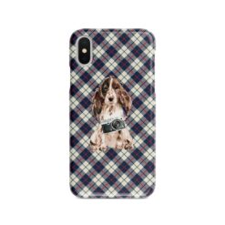 Brown Cocker Spaniel Tartan phone case. 11 Tartan styles for your Iphone 15 Pro Max, Iphone 14, 13, 12 to 6 & Samsung Galaxy S23 Ultra, S22, S21 to S6 18 adventure dogs tartan case brown cocker spaniel blue beige front view
