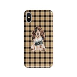 Brown Cocker Spaniel Tartan phone case. 11 Tartan styles for your Iphone 15 Pro Max, Iphone 14, 13, 12 to 6 & Samsung Galaxy S23 Ultra, S22, S21 to S6 19 adventure dogs tartan case brown cocker spaniel brown tartan front view