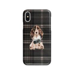 Brown Cocker Spaniel Tartan phone case. 11 Tartan styles for your Iphone 15 Pro Max, Iphone 14, 13, 12 to 6 & Samsung Galaxy S23 Ultra, S22, S21 to S6 20 adventure dogs tartan case brown cocker spaniel dark tartan front view