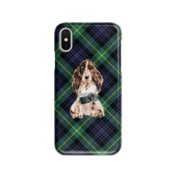 Brown Cocker Spaniel Tartan phone case. 11 Tartan styles for your Iphone 15 Pro Max, Iphone 14, 13, 12 to 6 & Samsung Galaxy S23 Ultra, S22, S21 to S6 21 adventure dogs tartan case brown cocker spaniel gordon front view