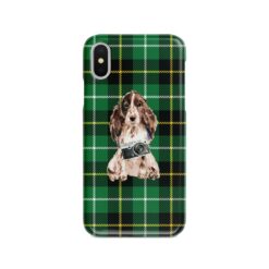 Brown Cocker Spaniel Tartan phone case. 11 Tartan styles for your Iphone 15 Pro Max, Iphone 14, 13, 12 to 6 & Samsung Galaxy S23 Ultra, S22, S21 to S6 22 adventure dogs tartan case brown cocker spaniel green tartan front view