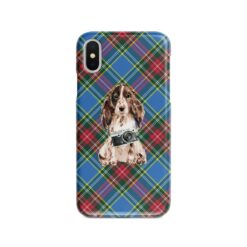 Brown Cocker Spaniel Tartan phone case. 11 Tartan styles for your Iphone 15 Pro Max, Iphone 14, 13, 12 to 6 & Samsung Galaxy S23 Ultra, S22, S21 to S6 23 adventure dogs tartan case brown cocker spaniel macbeth front view