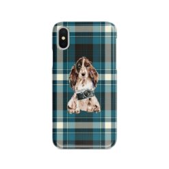 Brown Cocker Spaniel Tartan phone case. 11 Tartan styles for your Iphone 15 Pro Max, Iphone 14, 13, 12 to 6 & Samsung Galaxy S23 Ultra, S22, S21 to S6 24 adventure dogs tartan case brown cocker spaniel modern front view