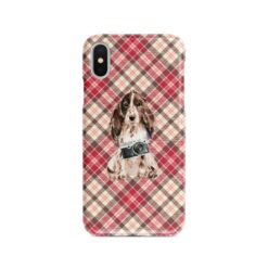 Brown Cocker Spaniel Tartan phone case. 11 Tartan styles for your Iphone 15 Pro Max, Iphone 14, 13, 12 to 6 & Samsung Galaxy S23 Ultra, S22, S21 to S6 25 adventure dogs tartan case brown cocker spaniel pink front view