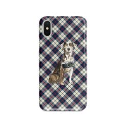 Catahoula Leopard Dog Tartan phone case. 11 Tartan styles for your Iphone 15 Pro Max, Iphone 14, 13, 12 to 6 & Samsung Galaxy S23 Ultra, S22, S21 to S6 18 adventure dogs tartan case catahoula leopard dog blue beige front view
