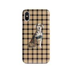 Catahoula Leopard Dog Tartan phone case. 11 Tartan styles for your Iphone 15 Pro Max, Iphone 14, 13, 12 to 6 & Samsung Galaxy S23 Ultra, S22, S21 to S6 19 adventure dogs tartan case catahoula leopard dog brown tartan front view