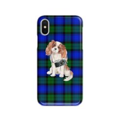 Cavalier King Charles Spaniel Tartan phone case. 11 Tartan styles for your Iphone 15 Pro Max, Iphone 14, 13, 12 to 6 & Samsung Galaxy S23 Ultra, S22, S21 to S6 17 adventure dogs tartan case cavalier king charles spaniel black watch front view