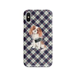 Cavalier King Charles Spaniel Tartan phone case. 11 Tartan styles for your Iphone 15 Pro Max, Iphone 14, 13, 12 to 6 & Samsung Galaxy S23 Ultra, S22, S21 to S6 18 adventure dogs tartan case cavalier king charles spaniel blue beige front view