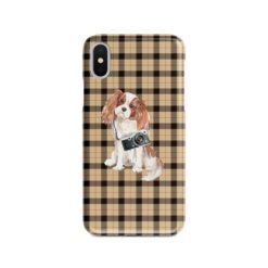Cavalier King Charles Spaniel Tartan phone case. 11 Tartan styles for your Iphone 15 Pro Max, Iphone 14, 13, 12 to 6 & Samsung Galaxy S23 Ultra, S22, S21 to S6 19 adventure dogs tartan case cavalier king charles spaniel brown tartan front view