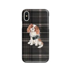 Cavalier King Charles Spaniel Tartan phone case. 11 Tartan styles for your Iphone 15 Pro Max, Iphone 14, 13, 12 to 6 & Samsung Galaxy S23 Ultra, S22, S21 to S6 20 adventure dogs tartan case cavalier king charles spaniel dark tartan front view