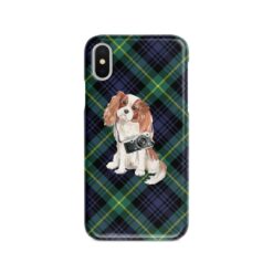 Cavalier King Charles Spaniel Tartan phone case. 11 Tartan styles for your Iphone 15 Pro Max, Iphone 14, 13, 12 to 6 & Samsung Galaxy S23 Ultra, S22, S21 to S6 21 adventure dogs tartan case cavalier king charles spaniel gordon front view