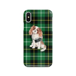 Cavalier King Charles Spaniel Tartan phone case. 11 Tartan styles for your Iphone 15 Pro Max, Iphone 14, 13, 12 to 6 & Samsung Galaxy S23 Ultra, S22, S21 to S6 22 adventure dogs tartan case cavalier king charles spaniel green tartan front view