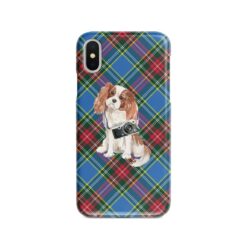 Cavalier King Charles Spaniel Tartan phone case. 11 Tartan styles for your Iphone 15 Pro Max, Iphone 14, 13, 12 to 6 & Samsung Galaxy S23 Ultra, S22, S21 to S6 23 adventure dogs tartan case cavalier king charles spaniel macbeth front view