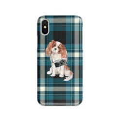 Cavalier King Charles Spaniel Tartan phone case. 11 Tartan styles for your Iphone 15 Pro Max, Iphone 14, 13, 12 to 6 & Samsung Galaxy S23 Ultra, S22, S21 to S6 24 adventure dogs tartan case cavalier king charles spaniel modern front view