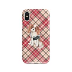 Cavalier King Charles Spaniel Tartan phone case. 11 Tartan styles for your Iphone 15 Pro Max, Iphone 14, 13, 12 to 6 & Samsung Galaxy S23 Ultra, S22, S21 to S6 25 adventure dogs tartan case cavalier king charles spaniel pink front view