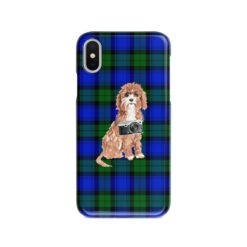 Cavapoo Tartan phone case. 11 Tartan styles for your Iphone 15 Pro Max, Iphone 14, 13, 12 to 6 & Samsung Galaxy S23 Ultra, S22, S21 to S6 17 adventure dogs tartan case cavapoo black watch front view