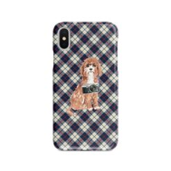 Cavapoo Tartan phone case. 11 Tartan styles for your Iphone 15 Pro Max, Iphone 14, 13, 12 to 6 & Samsung Galaxy S23 Ultra, S22, S21 to S6 18 adventure dogs tartan case cavapoo blue beige front view