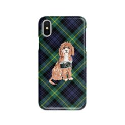 Cavapoo Tartan phone case. 11 Tartan styles for your Iphone 15 Pro Max, Iphone 14, 13, 12 to 6 & Samsung Galaxy S23 Ultra, S22, S21 to S6 21 adventure dogs tartan case cavapoo gordon front view