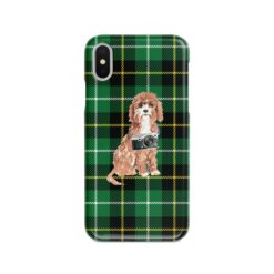 Cavapoo Tartan phone case. 11 Tartan styles for your Iphone 15 Pro Max, Iphone 14, 13, 12 to 6 & Samsung Galaxy S23 Ultra, S22, S21 to S6 22 adventure dogs tartan case cavapoo green tartan front view