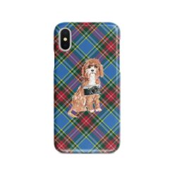 Cavapoo Tartan phone case. 11 Tartan styles for your Iphone 15 Pro Max, Iphone 14, 13, 12 to 6 & Samsung Galaxy S23 Ultra, S22, S21 to S6 23 adventure dogs tartan case cavapoo macbeth front view