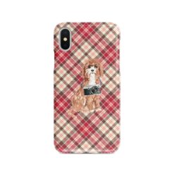 Cavapoo Tartan phone case. 11 Tartan styles for your Iphone 15 Pro Max, Iphone 14, 13, 12 to 6 & Samsung Galaxy S23 Ultra, S22, S21 to S6 25 adventure dogs tartan case cavapoo pink front view