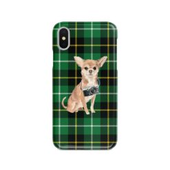 Chihuahua Tartan phone case. 11 Tartan styles for your Iphone 15 Pro Max, Iphone 14, 13, 12 to 6 & Samsung Galaxy S23 Ultra, S22, S21 to S6 22 adventure dogs tartan case chihuahua green tartan front view