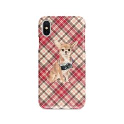 Chihuahua Tartan phone case. 11 Tartan styles for your Iphone 15 Pro Max, Iphone 14, 13, 12 to 6 & Samsung Galaxy S23 Ultra, S22, S21 to S6 25 adventure dogs tartan case chihuahua pink front view