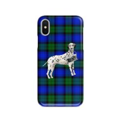 Dalmatian Tartan phone case. 11 Tartan styles for your Iphone 15 Pro Max, Iphone 14, 13, 12 to 6 & Samsung Galaxy S23 Ultra, S22, S21 to S6 17 adventure dogs tartan case dalmatian black watch front view