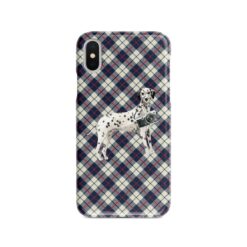 Dalmatian Tartan phone case. 11 Tartan styles for your Iphone 15 Pro Max, Iphone 14, 13, 12 to 6 & Samsung Galaxy S23 Ultra, S22, S21 to S6 18 adventure dogs tartan case dalmatian blue beige front view
