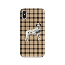 Dalmatian Tartan phone case. 11 Tartan styles for your Iphone 15 Pro Max, Iphone 14, 13, 12 to 6 & Samsung Galaxy S23 Ultra, S22, S21 to S6 19 adventure dogs tartan case dalmatian brown tartan front view