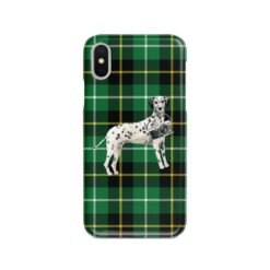 Dalmatian Tartan phone case. 11 Tartan styles for your Iphone 15 Pro Max, Iphone 14, 13, 12 to 6 & Samsung Galaxy S23 Ultra, S22, S21 to S6 22 adventure dogs tartan case dalmatian green tartan front view