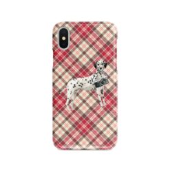 Dalmatian Tartan phone case. 11 Tartan styles for your Iphone 15 Pro Max, Iphone 14, 13, 12 to 6 & Samsung Galaxy S23 Ultra, S22, S21 to S6 25 adventure dogs tartan case dalmatian pink front view