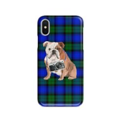 English Bulldog Tartan phone case. 11 Tartan styles for your Iphone 15 Pro Max, Iphone 14, 13, 12 to 6 & Samsung Galaxy S23 Ultra, S22, S21 to S6 17 adventure dogs tartan case english bulldog black watch front view