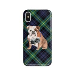 English Bulldog Tartan phone case. 11 Tartan styles for your Iphone 15 Pro Max, Iphone 14, 13, 12 to 6 & Samsung Galaxy S23 Ultra, S22, S21 to S6 21 adventure dogs tartan case english bulldog gordon front view