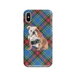 English Bulldog Tartan phone case. 11 Tartan styles for your Iphone 15 Pro Max, Iphone 14, 13, 12 to 6 & Samsung Galaxy S23 Ultra, S22, S21 to S6 23 adventure dogs tartan case english bulldog macbeth front view
