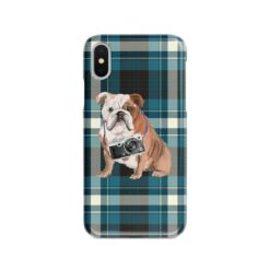 English Bulldog Tartan phone case. 11 Tartan styles for your Iphone 15 Pro Max, Iphone 14, 13, 12 to 6 & Samsung Galaxy S23 Ultra, S22, S21 to S6 24 adventure dogs tartan case english bulldog modern front view