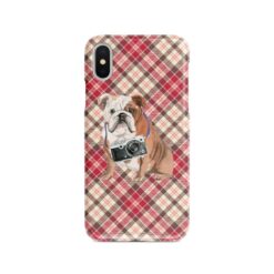 English Bulldog Tartan phone case. 11 Tartan styles for your Iphone 15 Pro Max, Iphone 14, 13, 12 to 6 & Samsung Galaxy S23 Ultra, S22, S21 to S6 25 adventure dogs tartan case english bulldog pink front view