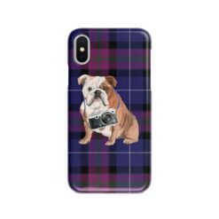 English Bulldog Tartan phone case. 11 Tartan styles for your Iphone 15 Pro Max, Iphone 14, 13, 12 to 6 & Samsung Galaxy S23 Ultra, S22, S21 to S6 26 adventure dogs tartan case english bulldog pride of scotland front view