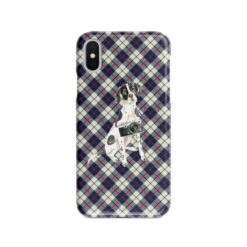 English Pointer Tartan phone case. 11 Tartan styles for your Iphone 15 Pro Max, Iphone 14, 13, 12 to 6 & Samsung Galaxy S23 Ultra, S22, S21 to S6 18 adventure dogs tartan case english pointer blue beige front view