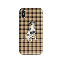 English Pointer Tartan phone case. 11 Tartan styles for your Iphone 15 Pro Max, Iphone 14, 13, 12 to 6 & Samsung Galaxy S23 Ultra, S22, S21 to S6 19 adventure dogs tartan case english pointer brown tartan front view