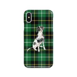 English Pointer Tartan phone case. 11 Tartan styles for your Iphone 15 Pro Max, Iphone 14, 13, 12 to 6 & Samsung Galaxy S23 Ultra, S22, S21 to S6 22 adventure dogs tartan case english pointer green tartan front view