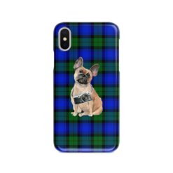 French Bulldog Tartan phone case. 11 Tartan styles for your Iphone 15 Pro Max, Iphone 14, 13, 12 to 6 & Samsung Galaxy S23 Ultra, S22, S21 to S6 18 adventure dogs tartan case french bulldog black watch front view