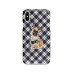 French Bulldog Tartan phone case. 11 Tartan styles for your Iphone 15 Pro Max, Iphone 14, 13, 12 to 6 & Samsung Galaxy S23 Ultra, S22, S21 to S6 19 adventure dogs tartan case french bulldog blue beige front view