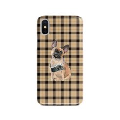 French Bulldog Tartan phone case. 11 Tartan styles for your Iphone 15 Pro Max, Iphone 14, 13, 12 to 6 & Samsung Galaxy S23 Ultra, S22, S21 to S6 20 adventure dogs tartan case french bulldog brown tartan front view