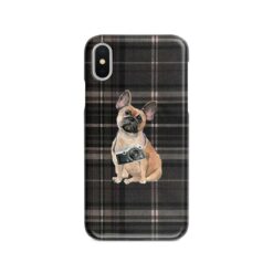 French Bulldog Tartan phone case. 11 Tartan styles for your Iphone 15 Pro Max, Iphone 14, 13, 12 to 6 & Samsung Galaxy S23 Ultra, S22, S21 to S6 21 adventure dogs tartan case french bulldog dark tartan front view